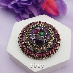 Vintage Gorgeous Weiss Purple Givre Pink Green Tiered Gold Tone Pin Brooch