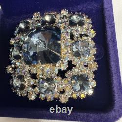 Vintage Gray Blue Rhinestone Brooch AB Crystal Silver Tone Schreiner Style