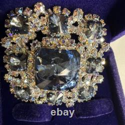 Vintage Gray Blue Rhinestone Brooch AB Crystal Silver Tone Schreiner Style