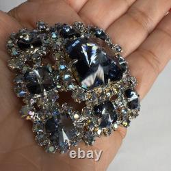 Vintage Gray Blue Rhinestone Brooch AB Crystal Silver Tone Schreiner Style
