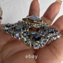 Vintage Gray Blue Rhinestone Brooch AB Crystal Silver Tone Schreiner Style
