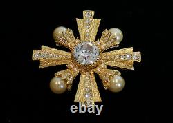 Vintage Graziano Maltese Cross Pearls & Rhinestones Gold Pendant / Brooch