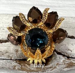 Vintage Graziano Signed Gold Blue Copper Colored Rhinestones Brooch Pin #145