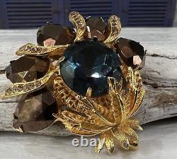 Vintage Graziano Signed Gold Blue Copper Colored Rhinestones Brooch Pin #145