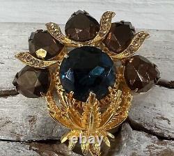 Vintage Graziano Signed Gold Blue Copper Colored Rhinestones Brooch Pin #145