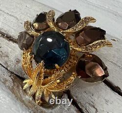 Vintage Graziano Signed Gold Blue Copper Colored Rhinestones Brooch Pin #145