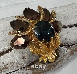 Vintage Graziano Signed Gold Blue Copper Colored Rhinestones Brooch Pin #145