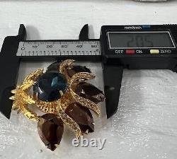 Vintage Graziano Signed Gold Blue Copper Colored Rhinestones Brooch Pin #145