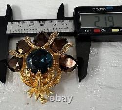 Vintage Graziano Signed Gold Blue Copper Colored Rhinestones Brooch Pin #145