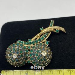 Vintage Green Emerald Faceted Rhinestone Brooch Dainty Gold Plate Signed Ciner