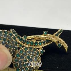 Vintage Green Emerald Faceted Rhinestone Brooch Dainty Gold Plate Signed Ciner