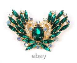 Vintage Green Rhinestone Aurora Borealis Butterfly Gold Tone Brooch 2 1/2