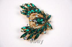 Vintage Green Rhinestone Aurora Borealis Butterfly Gold Tone Brooch 2 1/2