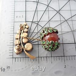 Vintage Green Rhinestone Simulated Carnelian Berry Nut Dangle Leaf Pin Brooch