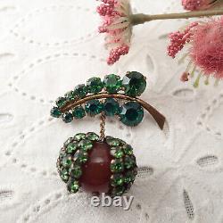 Vintage Green Rhinestone Simulated Carnelian Berry Nut Dangle Leaf Pin Brooch