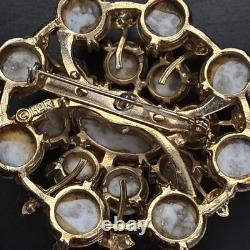 Vintage HAR Signed Marbled Glass Cabochon Rhinestone Statement Brooch Pin