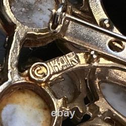 Vintage HAR Signed Marbled Glass Cabochon Rhinestone Statement Brooch Pin