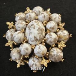 Vintage HAR Signed Marbled Glass Cabochon Rhinestone Statement Brooch Pin