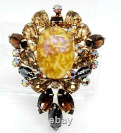 Vintage HATTIE CARNEGIE Art Glass Amber AB Rhinestone Gold Tone Brooch
