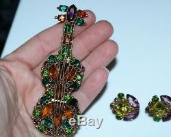 Vintage HOBE GUITAR Multi Color RHINESTONE BROOCH PIN & Earrings Set