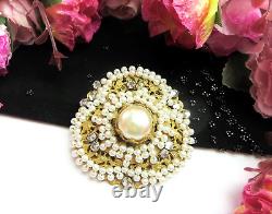Vintage HOBE Signed Faux Pearl Rose Montee Rhinestone Russian Gold Gilt Brooch