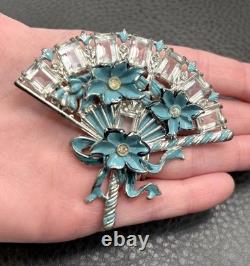 Vintage HUGE Deco Pot Metal Blue Enamel Flower Fan Ribbon Brooch Pin