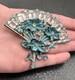 Vintage HUGE Deco Pot Metal Blue Enamel Flower Fan Ribbon Brooch Pin