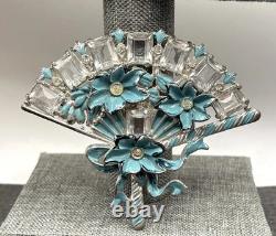 Vintage HUGE Deco Pot Metal Blue Enamel Flower Fan Ribbon Brooch Pin