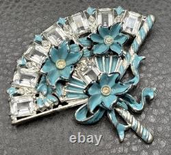 Vintage HUGE Deco Pot Metal Blue Enamel Flower Fan Ribbon Brooch Pin
