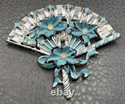 Vintage HUGE Deco Pot Metal Blue Enamel Flower Fan Ribbon Brooch Pin