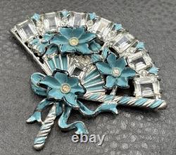 Vintage HUGE Deco Pot Metal Blue Enamel Flower Fan Ribbon Brooch Pin