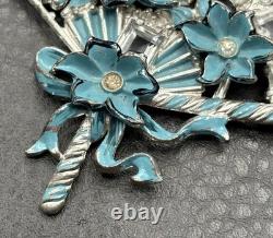 Vintage HUGE Deco Pot Metal Blue Enamel Flower Fan Ribbon Brooch Pin