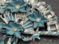 Vintage HUGE Deco Pot Metal Blue Enamel Flower Fan Ribbon Brooch Pin
