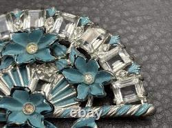 Vintage HUGE Deco Pot Metal Blue Enamel Flower Fan Ribbon Brooch Pin