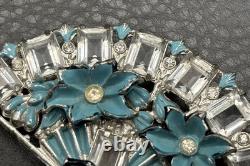 Vintage HUGE Deco Pot Metal Blue Enamel Flower Fan Ribbon Brooch Pin
