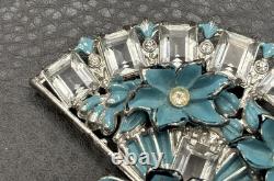 Vintage HUGE Deco Pot Metal Blue Enamel Flower Fan Ribbon Brooch Pin