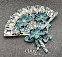 Vintage HUGE Deco Pot Metal Blue Enamel Flower Fan Ribbon Brooch Pin