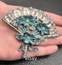 Vintage HUGE Deco Pot Metal Blue Enamel Flower Fan Ribbon Brooch Pin