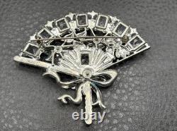 Vintage HUGE Deco Pot Metal Blue Enamel Flower Fan Ribbon Brooch Pin