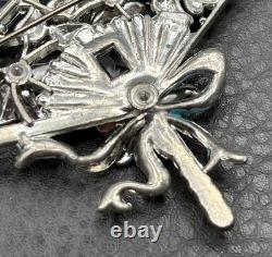 Vintage HUGE Deco Pot Metal Blue Enamel Flower Fan Ribbon Brooch Pin Vintage HUGE Deco Pot Metal Blue Enamel Flower Fan Ribbon Brooch Pin