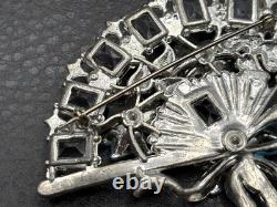 Vintage HUGE Deco Pot Metal Blue Enamel Flower Fan Ribbon Brooch Pin