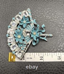 Vintage HUGE Deco Pot Metal Blue Enamel Flower Fan Ribbon Brooch Pin