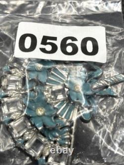 Vintage HUGE Deco Pot Metal Blue Enamel Flower Fan Ribbon Brooch Pin