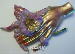 Vintage Hand Holding Orchid Flower Brooch Pin Enamel Rhinestone