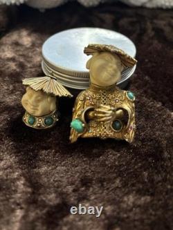 Vintage Har Brooch Gilt Buddha Asian Man Rhinestones Pin Signed Very Nice