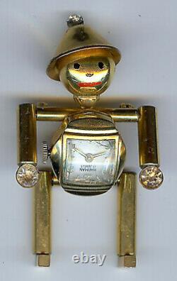 Vintage Harman Clock Belly Movable Man Rhinestone Watch Pin Brooch