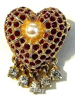 Vintage Hattie Carnegie Gold Tone Heart Red Rhinestone Pearl Brooch Pin 1 1/8