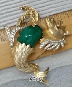 Vintage Hattie Carnegie Mythical Sea Dragon Green Carve Lucite Rhinestone Brooch