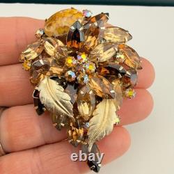 Vintage Hattie Carnegie Rhinestone Brooch Flower Gold Tone Brown Autumn Fall 3