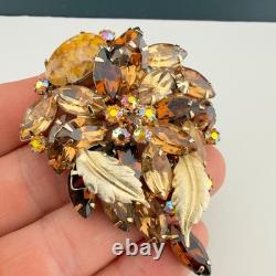 Vintage Hattie Carnegie Rhinestone Brooch Flower Gold Tone Brown Autumn Fall 3